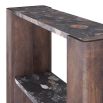 Console table with mango wood legs and neutral marble surfaces