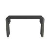 Console table with graphite leather-wrapped legs supporting staggered slab top of ebony oak 