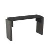 Console table with graphite leather-wrapped legs supporting staggered slab top of ebony oak 