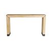 Oak veneered console table with sophisticated woven pattern constructed in a simple, waterfall silhouette