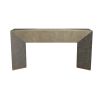 Console table with intersecting lacquered grey and smoke cloth panels