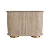 Elegant curved wooden cabinet with panel details and brass accents