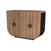 Curved wooden cabinet with ribbed, bronze-finish hardware