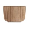 Curved wooden cabinet with ribbed, bronze-finish hardware