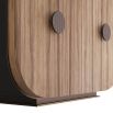 Curved wooden cabinet with ribbed, bronze-finish hardware