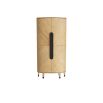 Art deco inspired cabinet in demi-lune shape finished in oak veneer and iron hardware