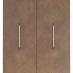 Brown wooden cabinet with patchwork sunburst pattern and ivory leather-wrapped handles of bronzed iron 