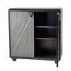 Sleek grey cabinet with two doors and triangular handle detailing