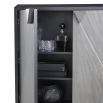 Sleek grey cabinet with two doors and triangular handle detailing