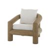 Outdoor dining chair with a thick wooden frame and white cushions