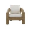 Outdoor dining chair with a thick wooden frame and white cushions