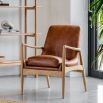 Armchair with modern oak frame and brown leather seat