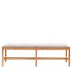 Slender wooden bench with boucle finish seat