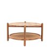 Wooden coffee table with lower rattan shelf