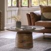 Solid oak, round, coffee table with a ridged base