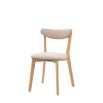 Contemporary wooden dining chair with gently curved back rails upholstered in lovely neutral fabric