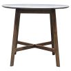 Round dining table in walnut stained wood with marble top