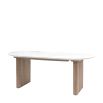 Wood dining table with striking vertical ribbed feature on drum base and polished marble top