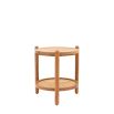 Circular wooden side table with lower rattan shelf