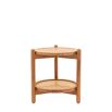 Circular wooden side table with lower rattan shelf