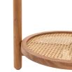 Circular wooden side table with lower rattan shelf