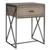 Sleek and simple grey wood side table with stone top and cross nickel legs