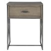 Sleek and simple grey wood side table with stone top and cross nickel legs