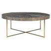 Dark walnut veneered round coffee table with brass legs