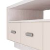 Oak credenza lined in cream suede and stitched ivory leather with an open shelf and trio of deep drawers