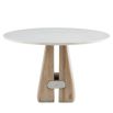 Entryway table with round white marble top and smooth wooden base