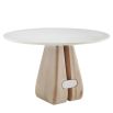 Entryway table with round white marble top and smooth wooden base