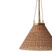 Natural rattan shade accented with vertically aligned brass structures