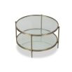 Sturdy coffee table with circular frame, brushed brass finish and glass top