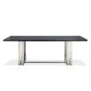 Dining table with ash wooden grain above sturdy yet delicate stainless steel legs