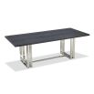 Dining table with ash wooden grain above sturdy yet delicate stainless steel legs