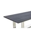 Dining table with ash wooden grain above sturdy yet delicate stainless steel legs