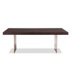 Dining table with rectangular brass legs and stylish top of figured dark brown ash veneer