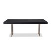 Dining table with rectangular brass legs and stylish top of figured black ash veneer