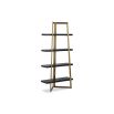 Brass framed shelving with black wooden shelves