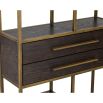 Brass structure shelving unit with two dark wood drawers