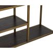 Brass structure shelving unit with two dark wood drawers