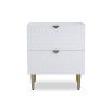 Elegant white bedside with two drawers and hexagonal pattern inlay with brass accents