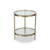 Brass frame round side table with glass top and glass shelf