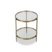 Brass frame round side table with glass top and glass shelf