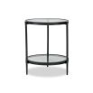 Black round side table with glass top and lower shelf