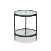 Black round side table with glass top and lower shelf