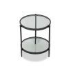 Black round side table with glass top and lower shelf