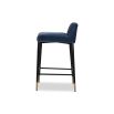 Elegant blue velvet upholstered counter stool with fluted details and brass capped feet