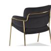 Black velvet upholstered dining chair with brass legs and wraparound backrest and arms