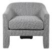 Soft grey arm chair with three legs and low back